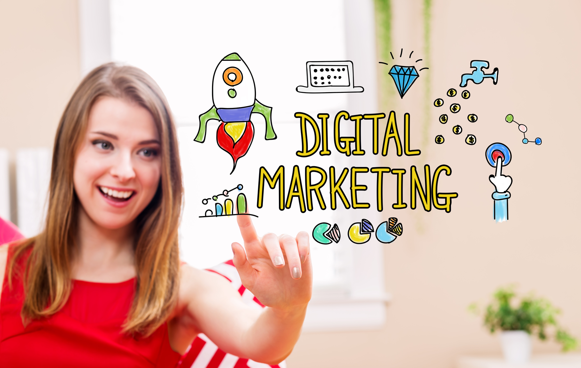 Digital Marketing concept with young woman in her home